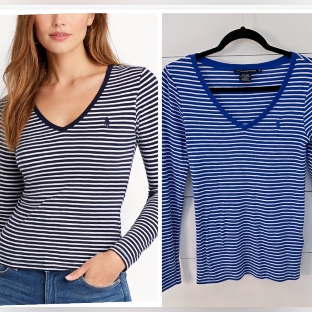 RALPH LAUREN SPORT S Blue stripe V neck long sleeve Pima Cotton soft cozy top